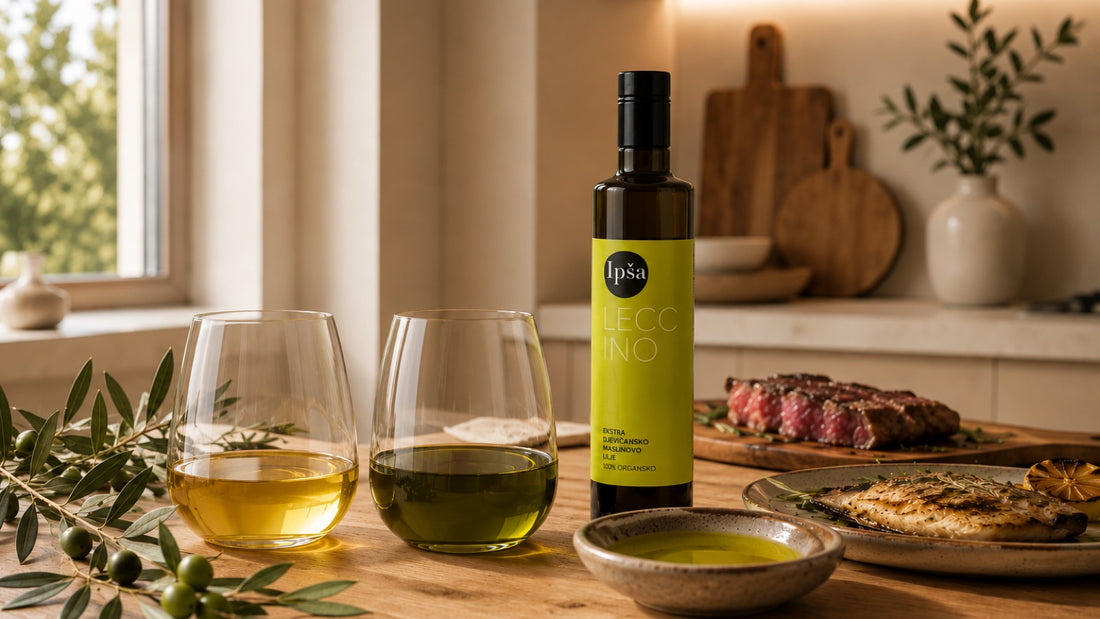 Ipša Leccino natives Olivenöl extra, zwei Verkostungsgläser mit mildem und kräftigem Öl | MASINO