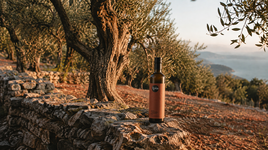 Flasche Ipša Frantoio Olivenöl auf einer Steinmauer im Olivenhain bei Sonnenuntergang mit Blick auf die istrische Küste