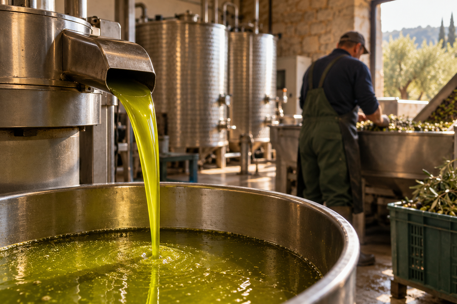 Frisch gepresstes Olivenöl läuft in der istrischen Ölmühle in den Tank