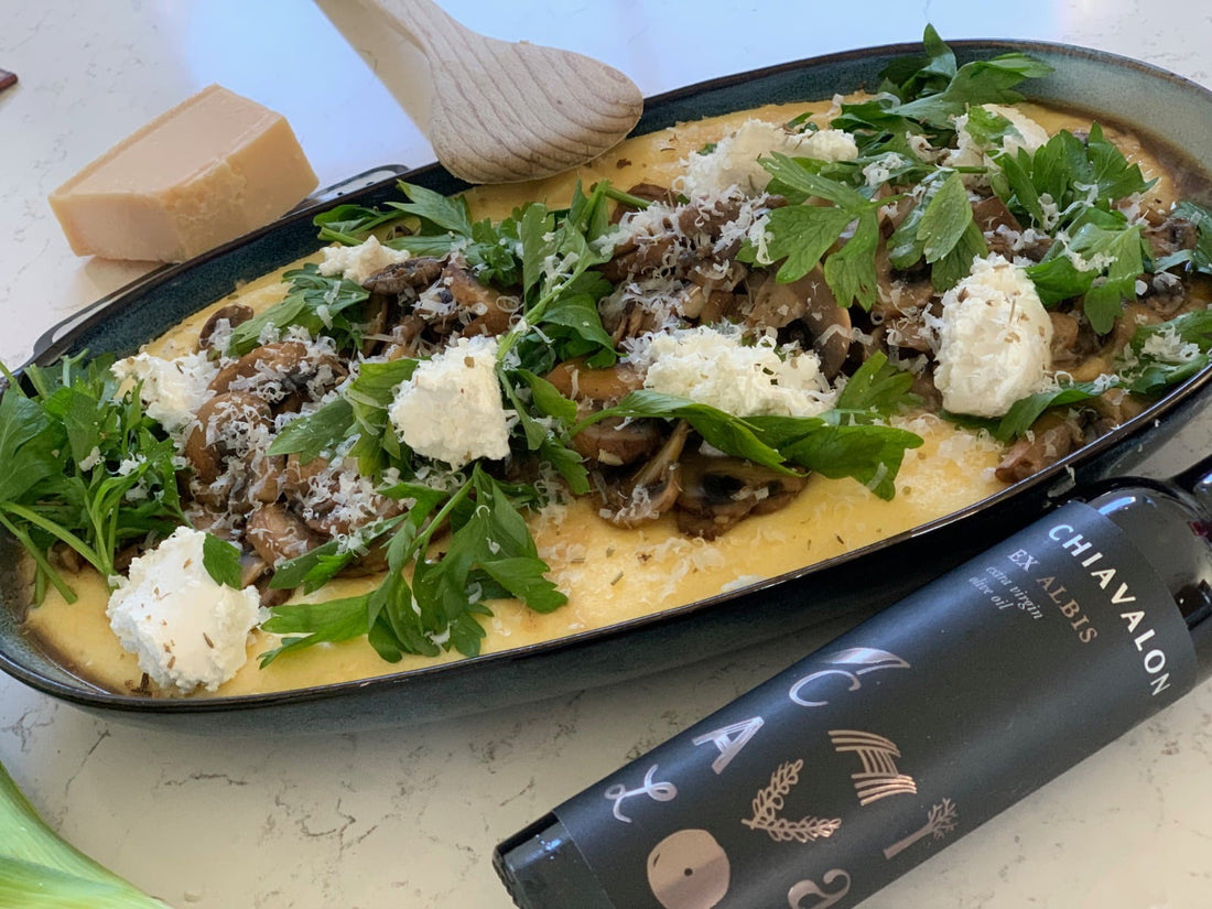 Pilzragou mit cremiger Polenta und Olivenöl - Masino Oliveoel